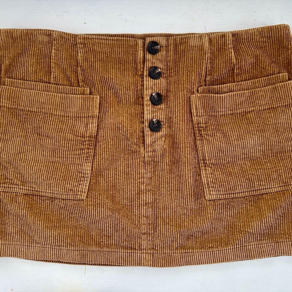 Button-Front Corduroy Stretch Mini Skirt, Size A (Women’s 14-16/XL), Tan